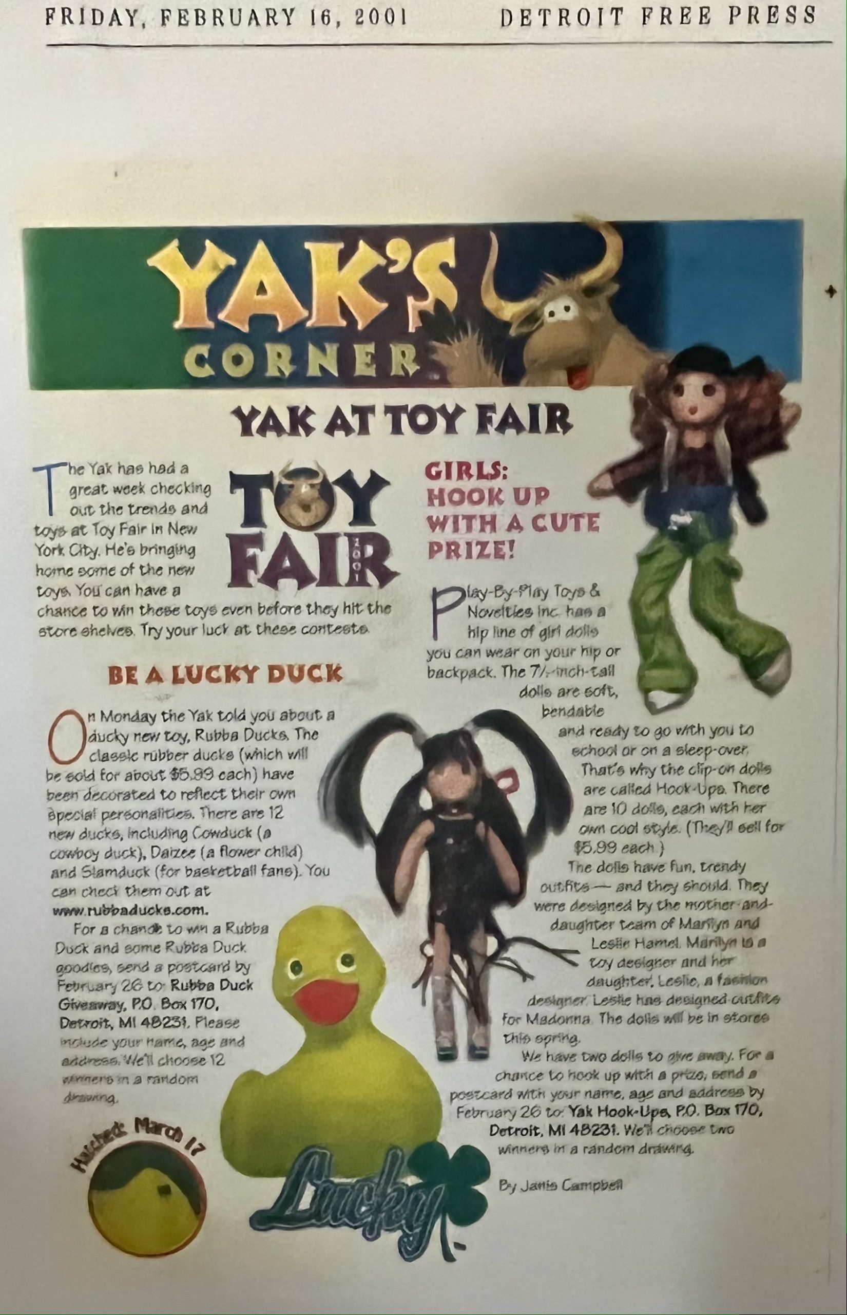 Detroit Free press, rubber duck, rubba ducks, Yak's corner